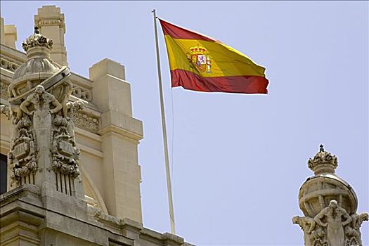 仰视,西班牙国旗,摆动,建筑,马德里,西班牙