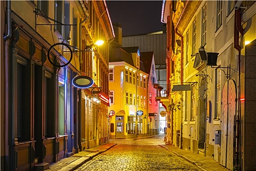 夜晚,街道,老城,里加,拉脱维亚