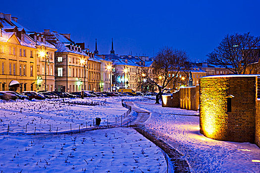 冬天,黎明,户外,墙壁,老城,华沙