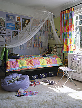 卧室,黄铜,床,网,篷子,彩色,床上用品,相配,帘