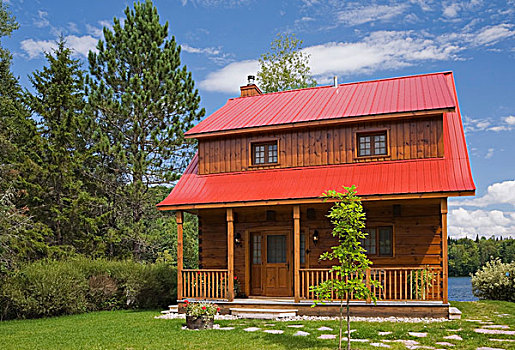 小,屋舍,风格,原木,房屋外观,红色,金属,屋顶,褐色,夏天