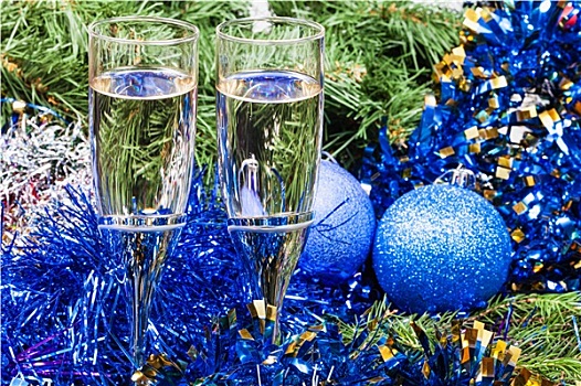 两个,玻璃杯,蓝色,圣诞节,装饰,树