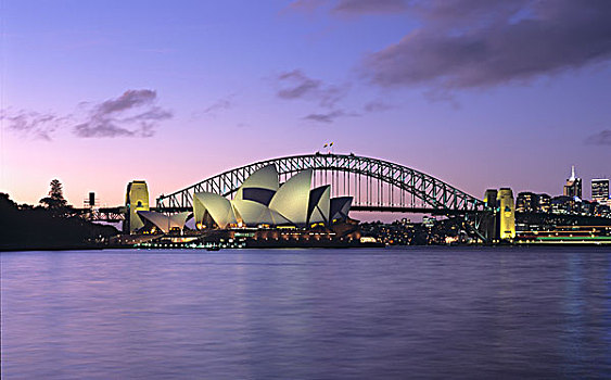 剧院,海港大桥,悉尼,黄昏