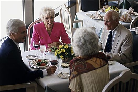 俯拍,两个,老年,夫妻,坐,餐馆