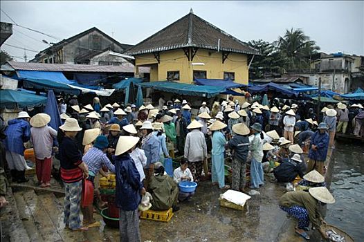 市场,女人,戴着,稻米,帽子,鱼市,惠安,越南,东南亚