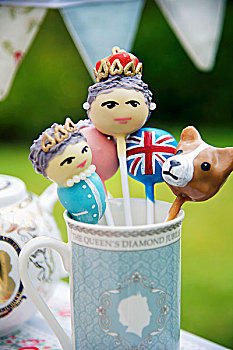 特写,有趣,棒棒糖,装饰,女王,英国国旗,柯基犬,英国,茶杯