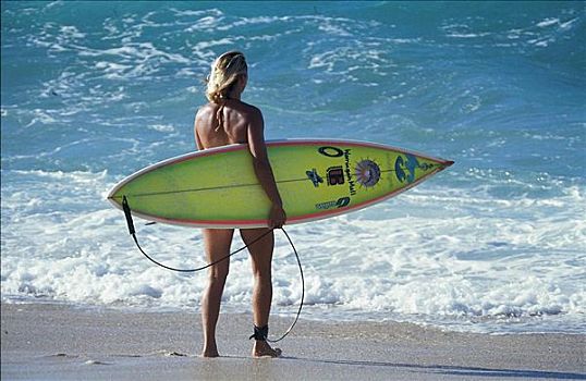 女人,冲浪,冲浪板,北岸,日落海滩,瓦胡岛,夏威夷,美国,北美