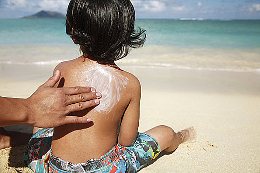 夏威夷,瓦胡岛,父母,涂抹,背影,海滩