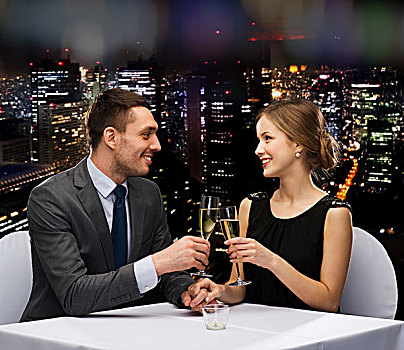 餐馆,情侣,假日,概念,微笑,玻璃杯,香槟,对视