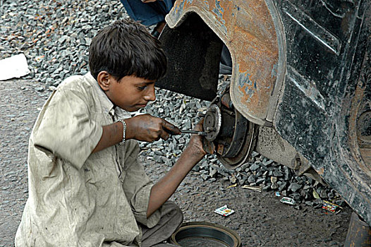 孩子,工作,路边,车库,印度,七月,2005年