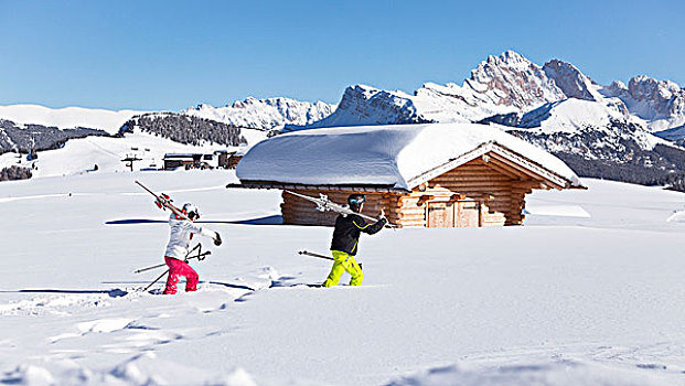 两个,滑雪,走,初雪,博尔查诺,省,南蒂罗尔,特兰迪诺,意大利