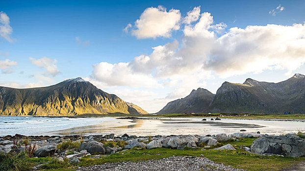 漂亮,风景,海滩,蓝天,罗弗敦群岛,挪威