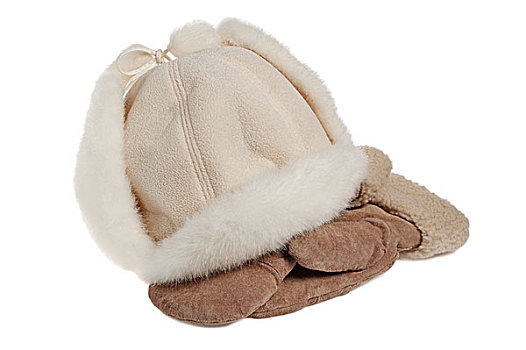 冬天,裘皮帽,连指手套,隔绝,白色背景
