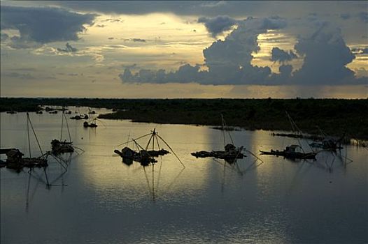 渔船,湄公河,夜空,鞑靼,柬埔寨