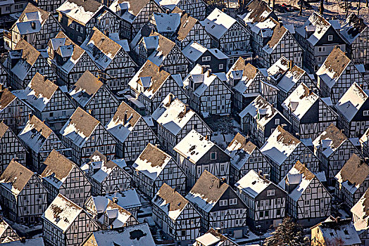 老城,雪地,半木结构房屋,木料,冬天,雪,藻厄兰,北莱茵威斯特伐利亚,德国