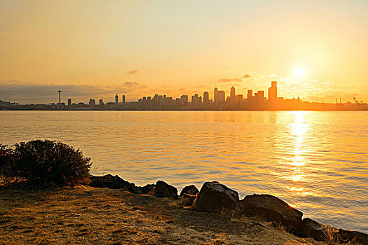 西雅图,城市天际线,风景,上方,海洋,城市,建筑
