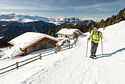 远足,走,雪鞋,瓦尔盖尔迪纳,两个,特色,山,小屋,背景,博尔查诺,省,南蒂罗尔,特兰迪诺,意大利