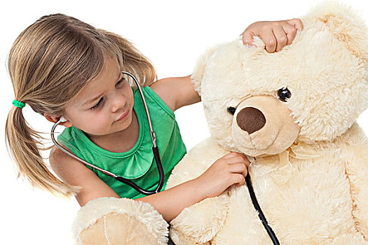 可爱,小女孩,玩,医生,泰迪熊