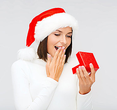 圣诞节,圣诞,冬天,高兴,概念,吃惊,女人,圣诞老人,帽子,小,礼盒