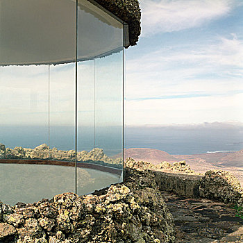 风景,局部,建筑,玻璃,墙壁,建造,石头,左边,上方,弯曲,小路,右边,海洋,地平线,眺台,兰索罗特岛,2007年