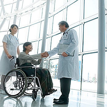 医生,握手,病人,轮椅,护理,推