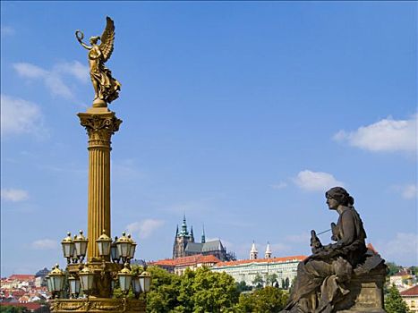 女性,雕塑,城堡,背景,布拉格,捷克共和国