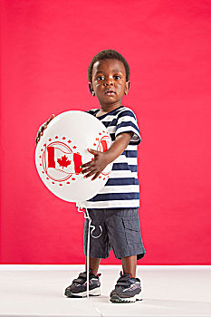 男孩,拿着,气球,照相,加拿大国旗,三个,山,艾伯塔省,加拿大
