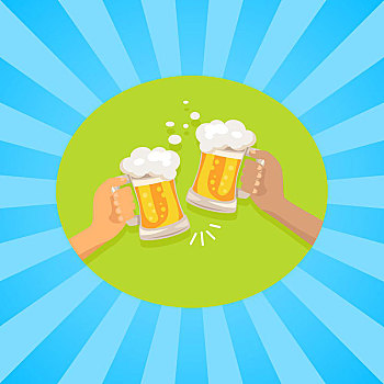 啤酒,海报,朋友,拿着,玻璃杯,两个,欢呼,相互,矢量,插画,概念,节日,背景,光线