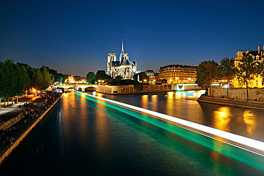 巴黎,黄昏,上方,塞纳河,船,光影,著名,城市,地标