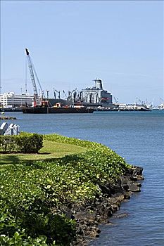 军舰,起重机,商业码头,珍珠港,檀香山,瓦胡岛,夏威夷,美国