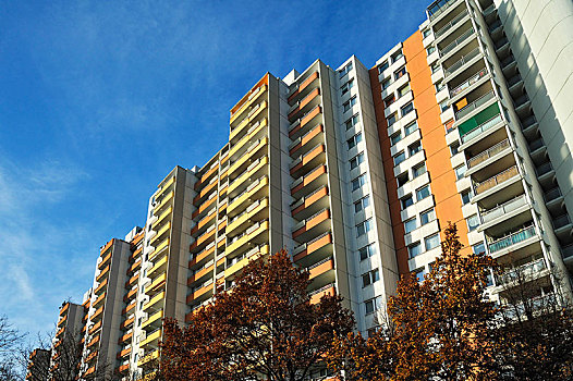 高层建筑,住宅,公寓楼,70年代,卫星,城市,诺伊帕拉赫,慕尼黑,巴伐利亚,德国,欧洲