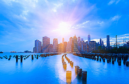曼哈顿,金融区,天际线,一个,世界贸易中心,日落,纽约,美国