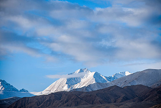 g320国道旁清晨日照喀英迪克让雪山,喀拉吉勒嘎乔库雪山,米纳尔山雪山