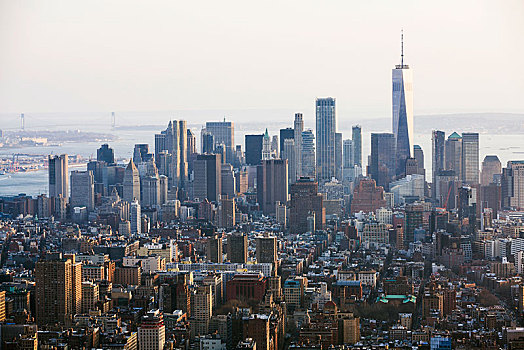 俯视,一个,世贸中心,摩天大楼,金融区,天际线,曼哈顿,纽约,美国,北美