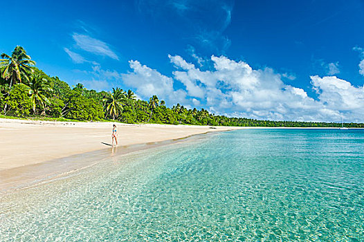 女人,走,手掌,白沙滩,岛屿,汤加,南太平洋