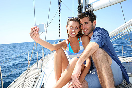 情侣,帆船,照相,智能手机