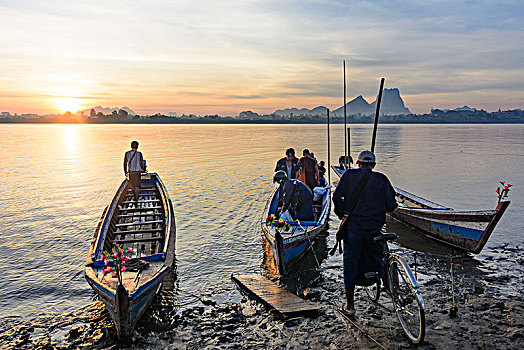 河,风景,城镇,渡船,乘客,克伦邦,缅甸
