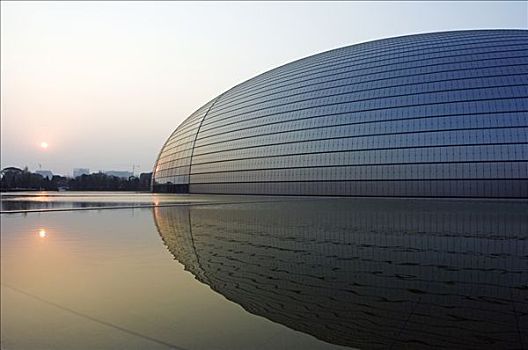 中国,北京,日落,国家,剧院,国家大剧院,设计,法国,建筑师,玻璃,钛,2007年