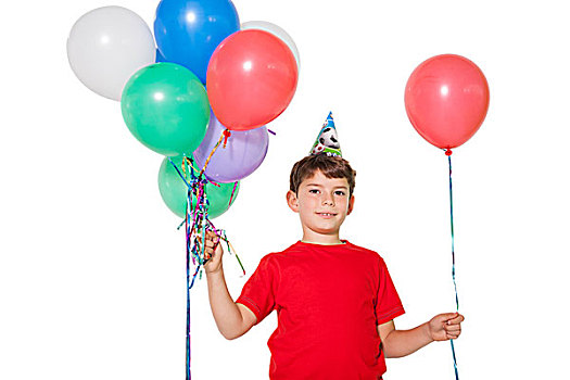 高兴,小男孩,拿着,束,气球