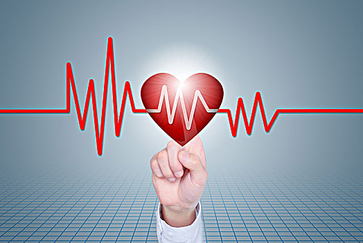 手指点触3d红心和心电图,医疗保险,健康,医学和慈善概念