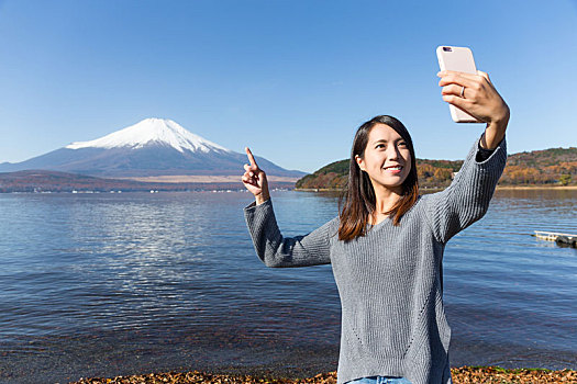 女人,照相,手机,湖,富士山