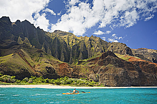 夏威夷,考艾岛,纳帕利海岸,男人,漂流,海岸线,漂亮,山,脊,背景,使用,只有