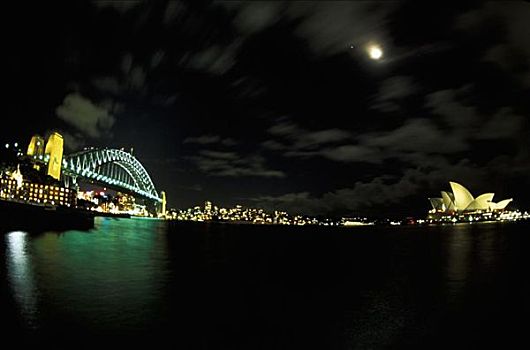 澳大利亚,新南威尔士,悉尼,海港大桥,剧院,黑色,夜晚,月亮