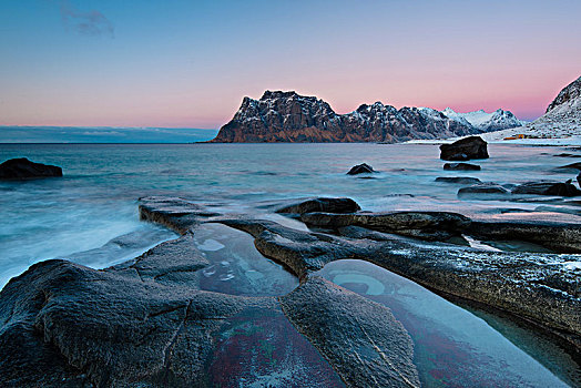 石头,海中,背影,山,日落,罗弗敦群岛,挪威,欧洲