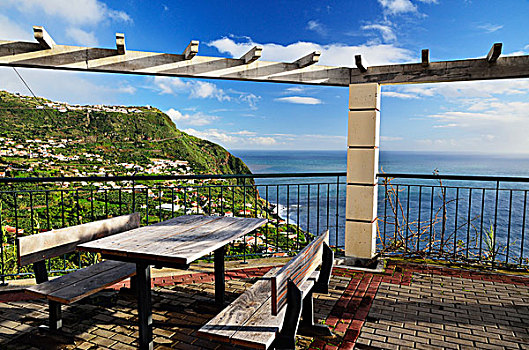野餐桌,远眺,大西洋,马德拉岛,葡萄牙