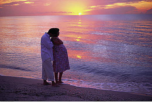 期待,海滩,夫妻,日落,迈阿密海滩,美国