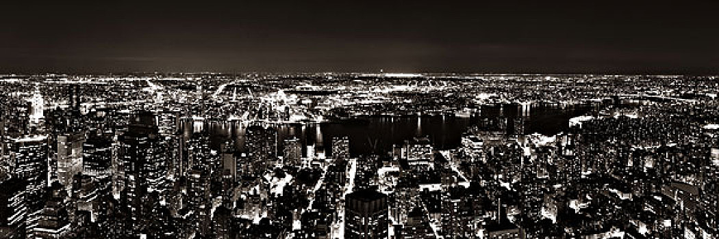 纽约,曼哈顿,东方,侧面视角,全景,夜晚,摩天大楼,东河