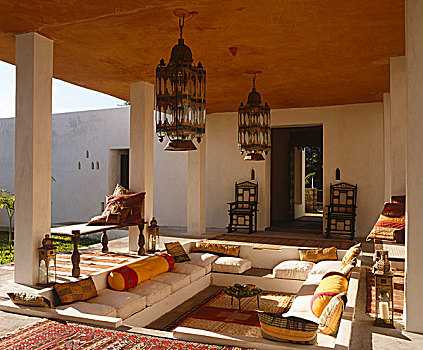 休息区,高处,一对,大,摩洛哥,灯笼,形态,门廊
