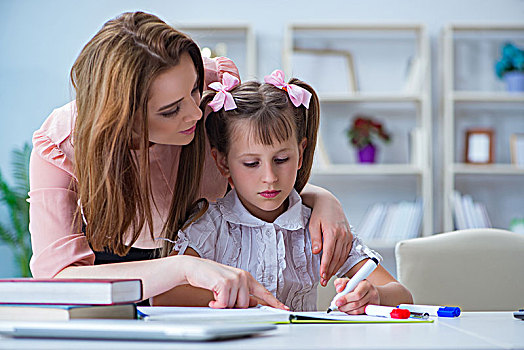 母亲,帮助,女儿,家庭作业