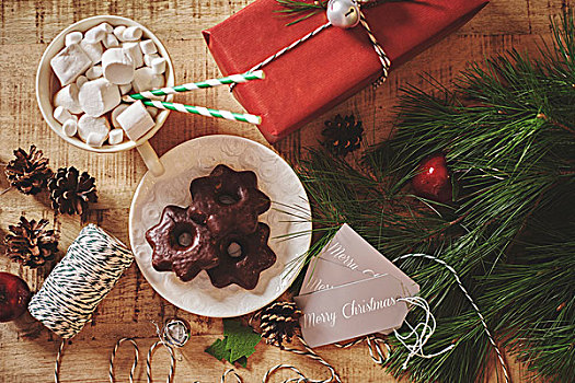 俯视,圣诞装饰,热巧克力,饼干